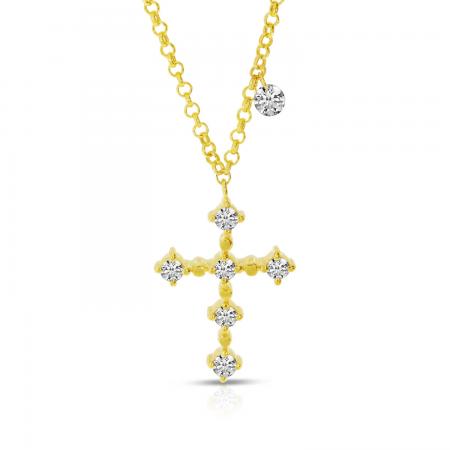 14K Yellow Gold Dashing Diamond Cross 18 inch Rolo Chain Necklace