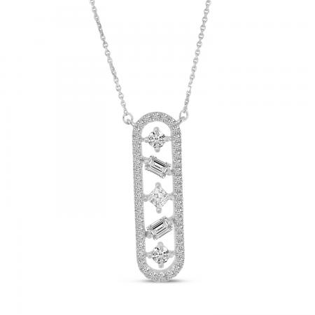 14K White Gold Baguette and Princess Diamond Bar Fashion Necklace