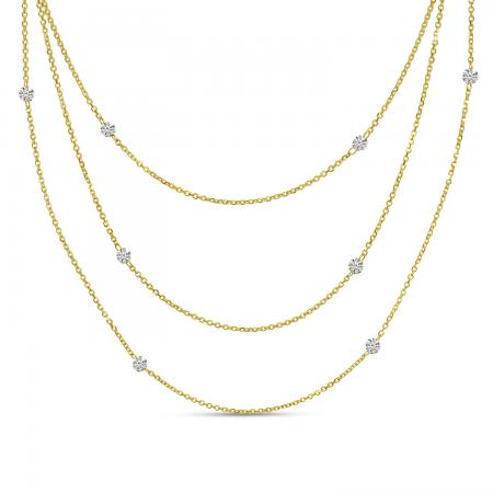 14K Yellow Gold Dashing Diamond Double Pierced Triple Chain Necklace