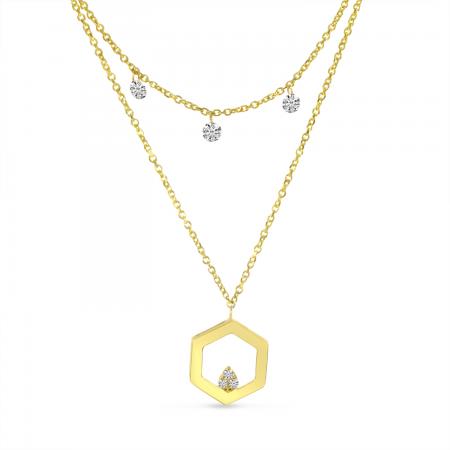 14K Yellow Gold Dashing Diamond Hex Double Layer Necklace