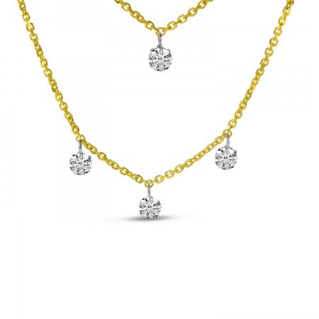 14K Yellow Gold Floating Diamond Double Cable Chain Necklace