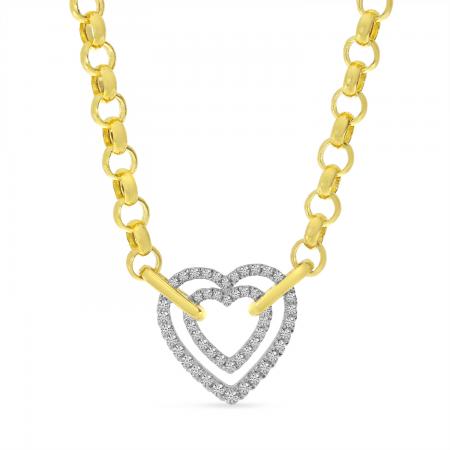 14K Two Tone Gold Double Diamond Heart on Heavy Yellow Gold Rolo Chain Necklace