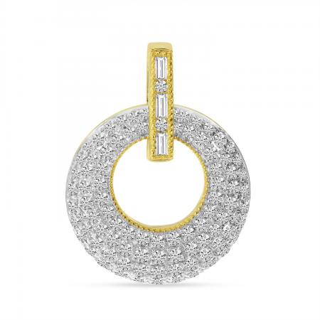 14K Yellow Gold Round and Baguette Pave Diamond Circle Pendant