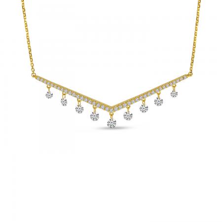 14K Yellow Gold Dashing Diamond V Bar Diamond Necklace