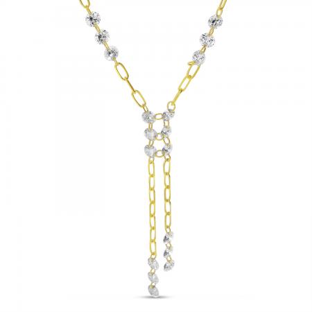 14K Yellow Gold Dashing Diamond Double Lariat 18 inch Paperclip Chain Necklace