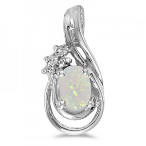 14k White Gold Oval Opal And Diamond Teardrop Pendant