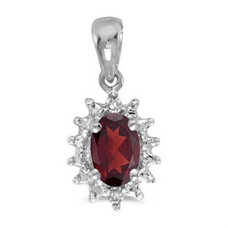 10K White Gold Oval Garnet and Diamond Halo Birthstone Pendant