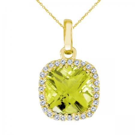 14K Yellow Gold Cushion Peridot with Diamond Halo Pendant