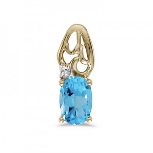 14k Yellow Gold Oval Blue Topaz And Diamond Pendant