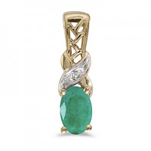 14k Yellow Gold Oval Emerald And Diamond Pendant