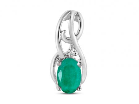 14K White Gold Oval Emerald and Diamond Curve Birthstone Pendant