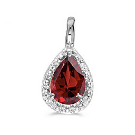 10K White Gold Pear Garnet and Diamond Birthstone Pendant