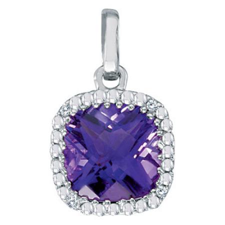 14K White Gold 7mm Cushion Amethyst and Diamond Pendant