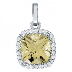 14K White Gold 7mm Cushion Lemon Quartz and Diamond Pendant