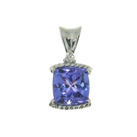 14K White Gold 6mm Cushion Tanzanite and Diamond Pendant