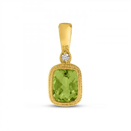 14K Yellow Gold Cushion Peridot and Diamond Millgrain Pendant