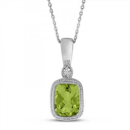 14K White Gold Cushion Peridot and Diamond Millgrain Pendant