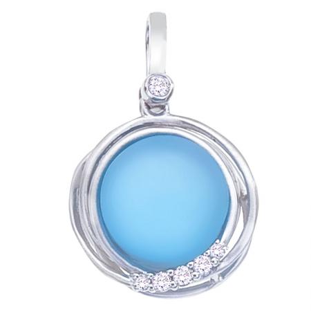 14K White Gold Frosted 10 mm Round Blue Topaz Cabochons Fashion Pendant