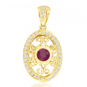 14K Yellow Gold Precious Round Ruby and Diamond Oval Filigree Pendant