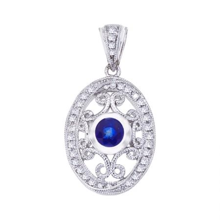 14k White Gold Precious Sapphire and Diamond Filigree Pendant