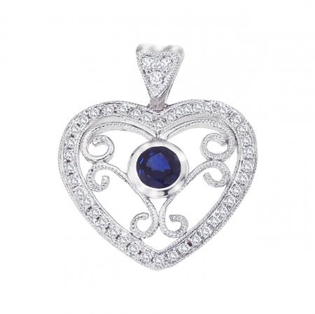 14K White Gold Precious 3.5 mm Round Sapphire and Diamond Filigree Heart Fashion