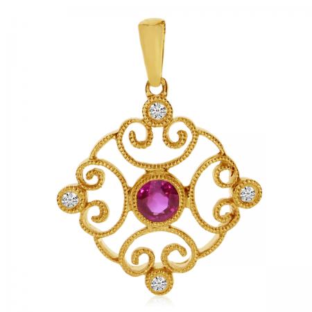 14k Yellow Gold Filigree Precious and Diamond Pendant