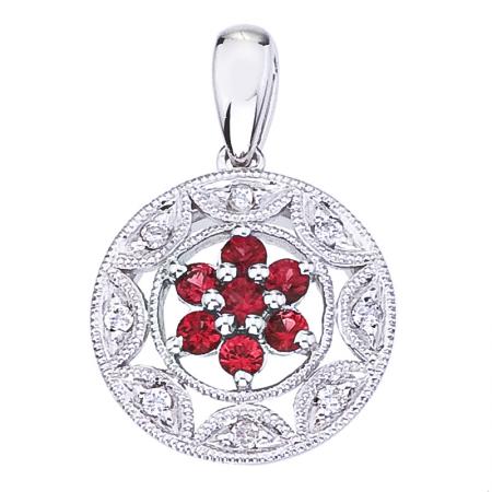 14K White Gold Ruby and Diamond Round Precious Filigree Fashion Pendant