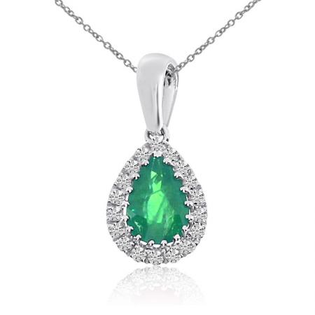 14k White Gold Precious Emerald and Diamond Teardrop Pendant