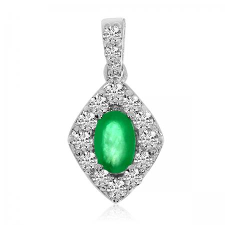 14K White Gold Precious Oval Emerald and Diamonds Pendant