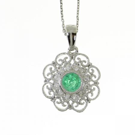 14k White Gold Precious Emerald Round Filigree Pendant