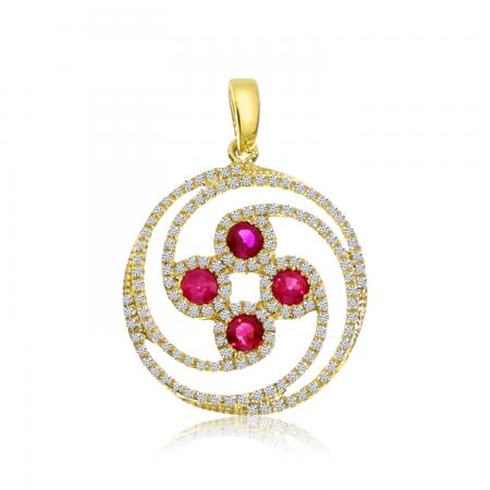 14K Yellow Gold Four Round Rubies and Diamond Swirl Circle Precious Pendant