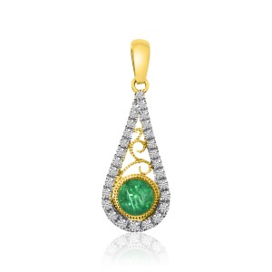 14K Yellow Gold Round Emerald and Diamond Precious Drop Pendant