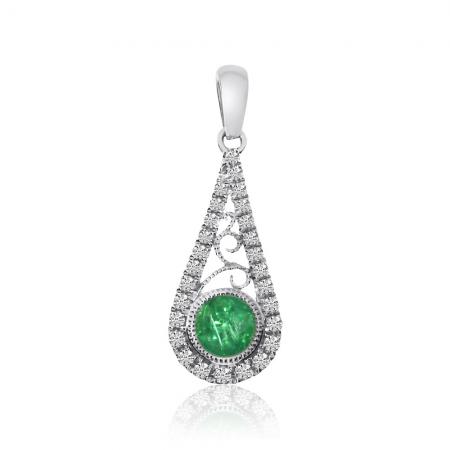 14K White Gold Precious Emerald and Diamond Drop Pendant