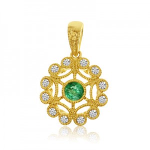 14K Yellow Gold 3.5 mm Precious Emerald and Diamond Round Filigree Pendant