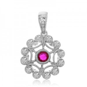 14K White Gold 3.5 mm Precious Ruby and Diamond Round Filigree Pendant