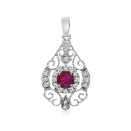 14K White Gold 3.25 mm Round Ruby and Diamond Precious Teardrop Fashion Pendant