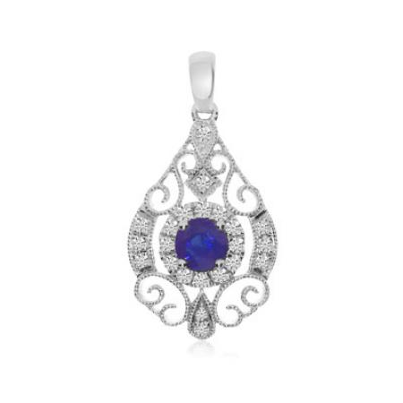 14K White Gold 3.25 mm Round Sapphire and Diamond Teardrop Fashion Pendant