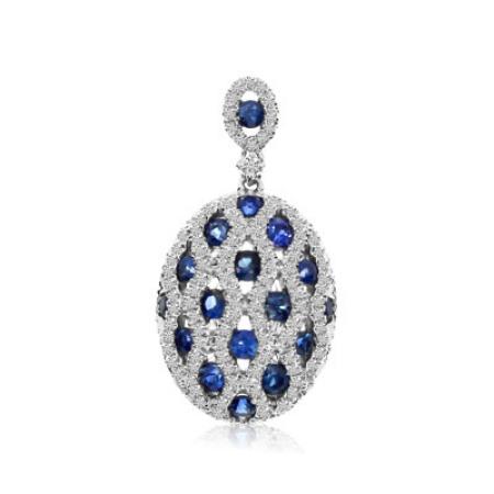 14K White Gold Round Sapphire and Diamond Oval Precious Pendant