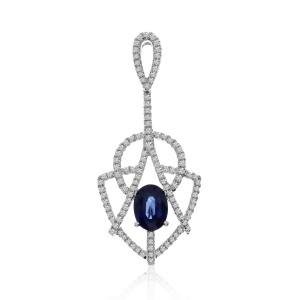 14K White Gold Oval Sapphire and Diamond Precious Fashion Pendant