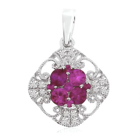 14K White Gold Round Ruby and Diamond Filigree Precious Pendant