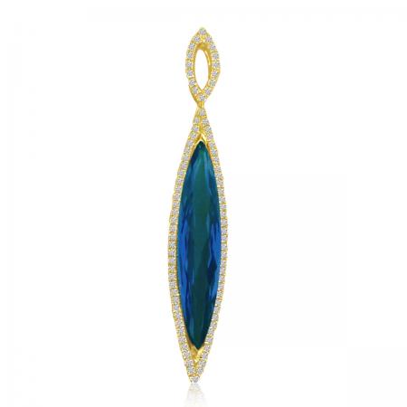 14K Yellow Gold Elongated Marquise London Blue Topaz and Diamond Halo Pendant