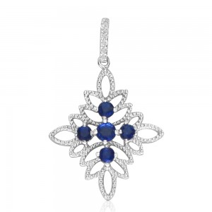 14K White Gold Precious Sapphire and Diamond Fashion Pendant