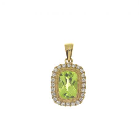 14K Yellow Gold Cushion Peridot and Diamond Halo Semi Precious Pendant