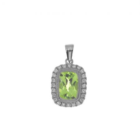 14K White Gold Cushion Peridot and Diamond Halo Semi Precious Pendant