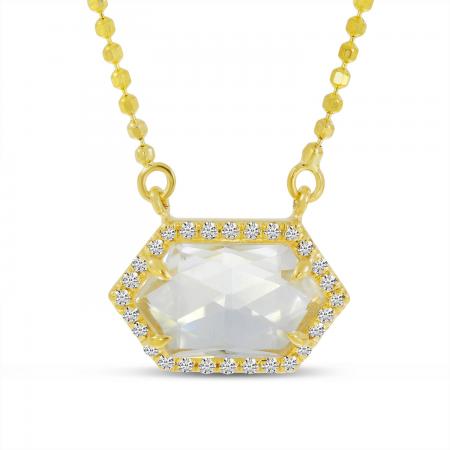 14K Yellow Gold White Topaz and Diamond Hexagon Necklace