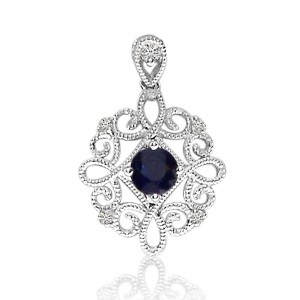 14K White Gold Sapphire and Diamond Precious Beaded Filigree Pendant