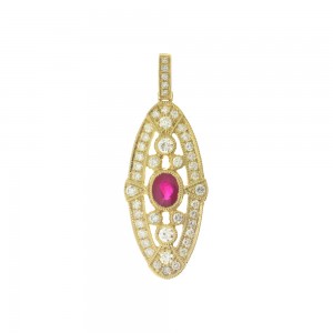 14K Yellow Gold Precious Ruby and Diamond Oval Art Deco Pendant