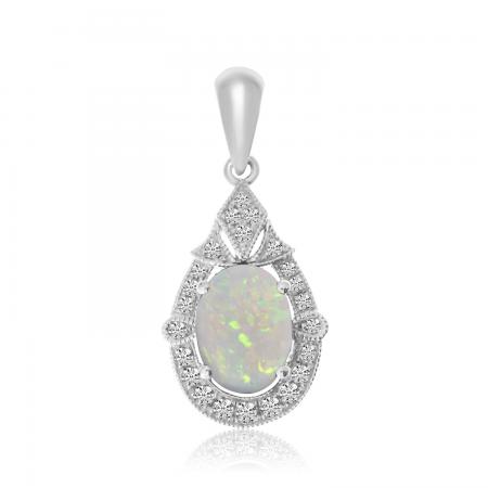 14K White Gold Oval Opal and Diamond Pendant