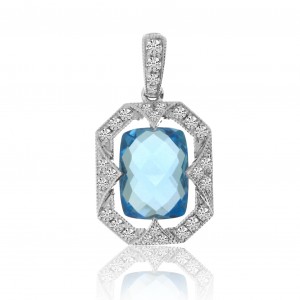 14K White Gold Cushion Blue Topaz and Diamond Semi Precious Pendant