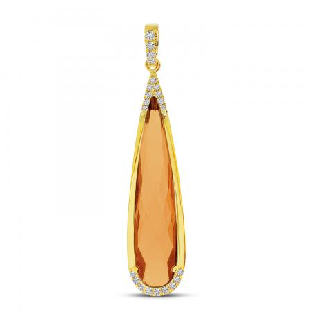 14K Yellow Gold Elongated Pear Citrine with Diamond Semi Precious Pendant